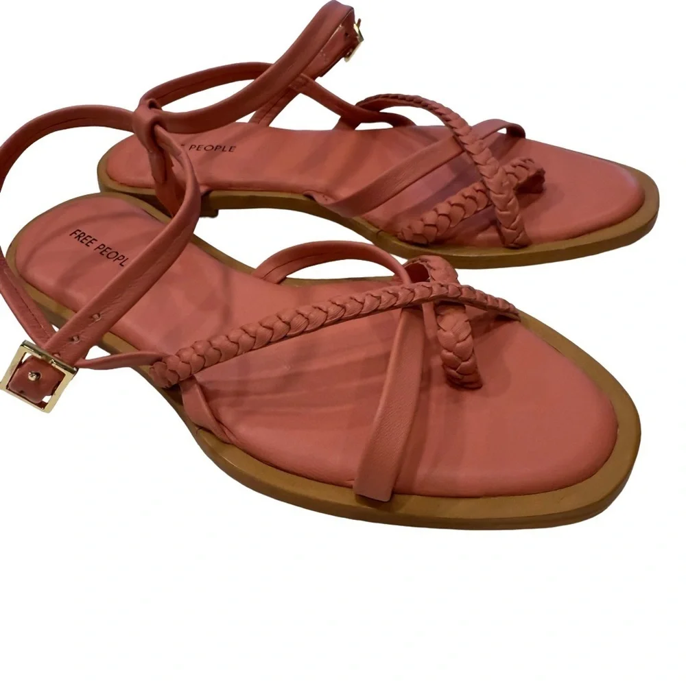 Free People Sunny Days flat sandals pink Leather strappy braid Accent NEW Sz 7.5